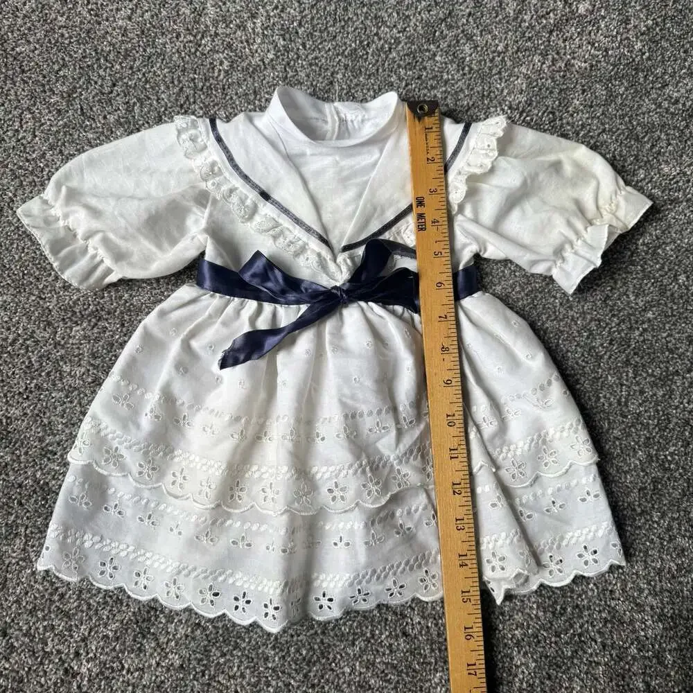 Vintage White Eyelet Lace Party Dress Navy Ribbon Baby Girls 6-9M